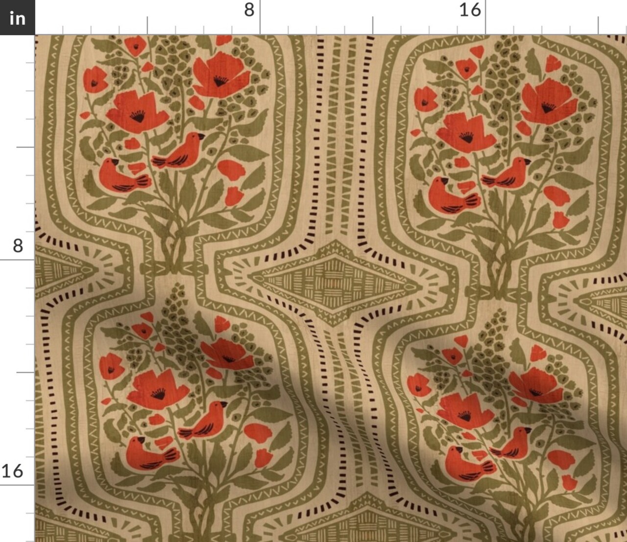Retro Boho Floral Maximalist Large Scale Red Poppies Scarlet Tanager Songbird Warm Bohemian Eclectic Olive Green Custom Printed Fabric by Spoonflower Various Fabrics by the Yard or Fat Quarter